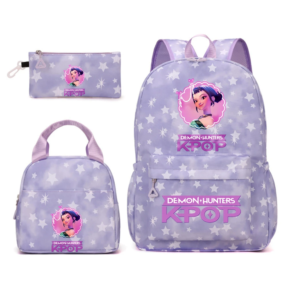 KPop Demon Hunters figura de Anime mochila impermeable de gran capacidad 3 uds mochila bolsa de almuerzo bolsa de lápices regalo para niños