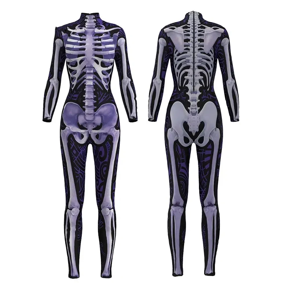 

Mardi Gras Purim Party Bodysuit Women Sexy Imitation Human Skull Print Black Bodysuit Jumpsuits Women Costume Role Play Outfits