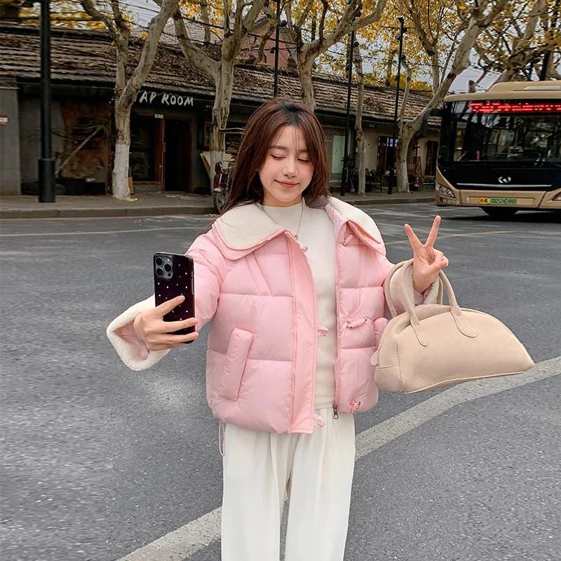 Short Korean Version of Women's Candy Color Age Reduction Small Man 2025 Winter Horn Buckle Big Lapel Short Down Cotton Jacket