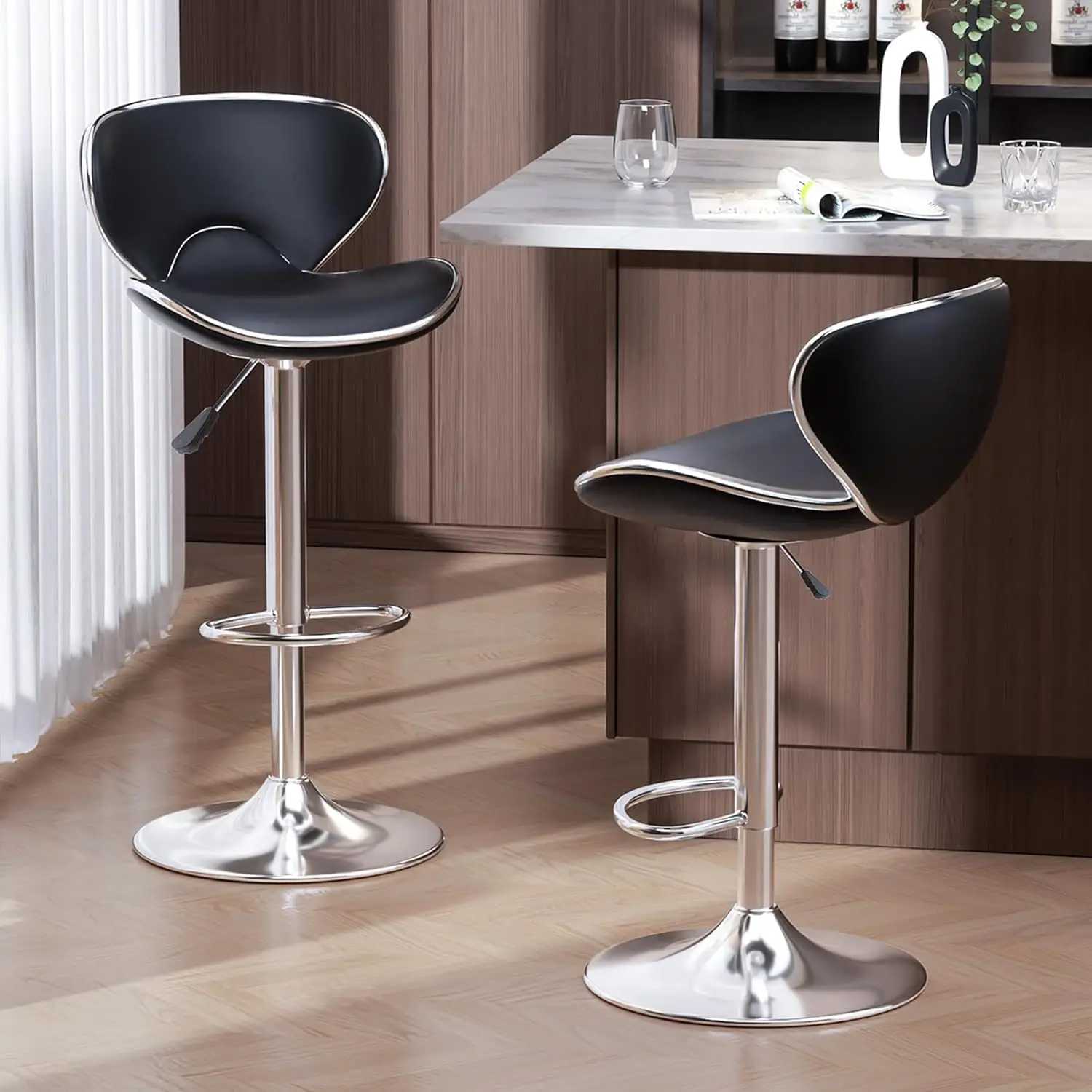 

Bar Stools Set of 2, Adjustable Swivel Barstools for Kitchen Counter, Modern PU Leather Counter Height Bar Chair with Ba