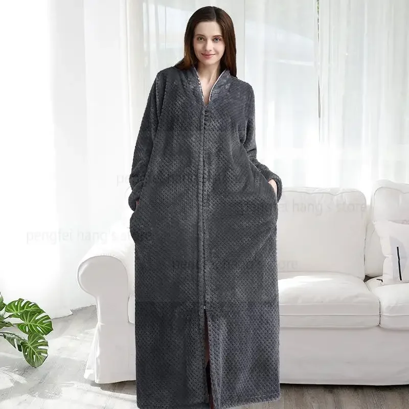 Plus Size Zipper Bath Robe Pregnant Dressing Gown Women Warm Sleepwear Thermal Jacquard Flannel Nightgown Women Homewear