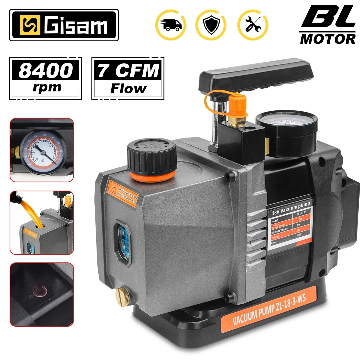 Gisam 7CFM 1/2HP Brushless Refrigerant Vacuum Pump 1/4 Air Conditioning Cooling Pump For Car House For Makita 18V Battery Pin