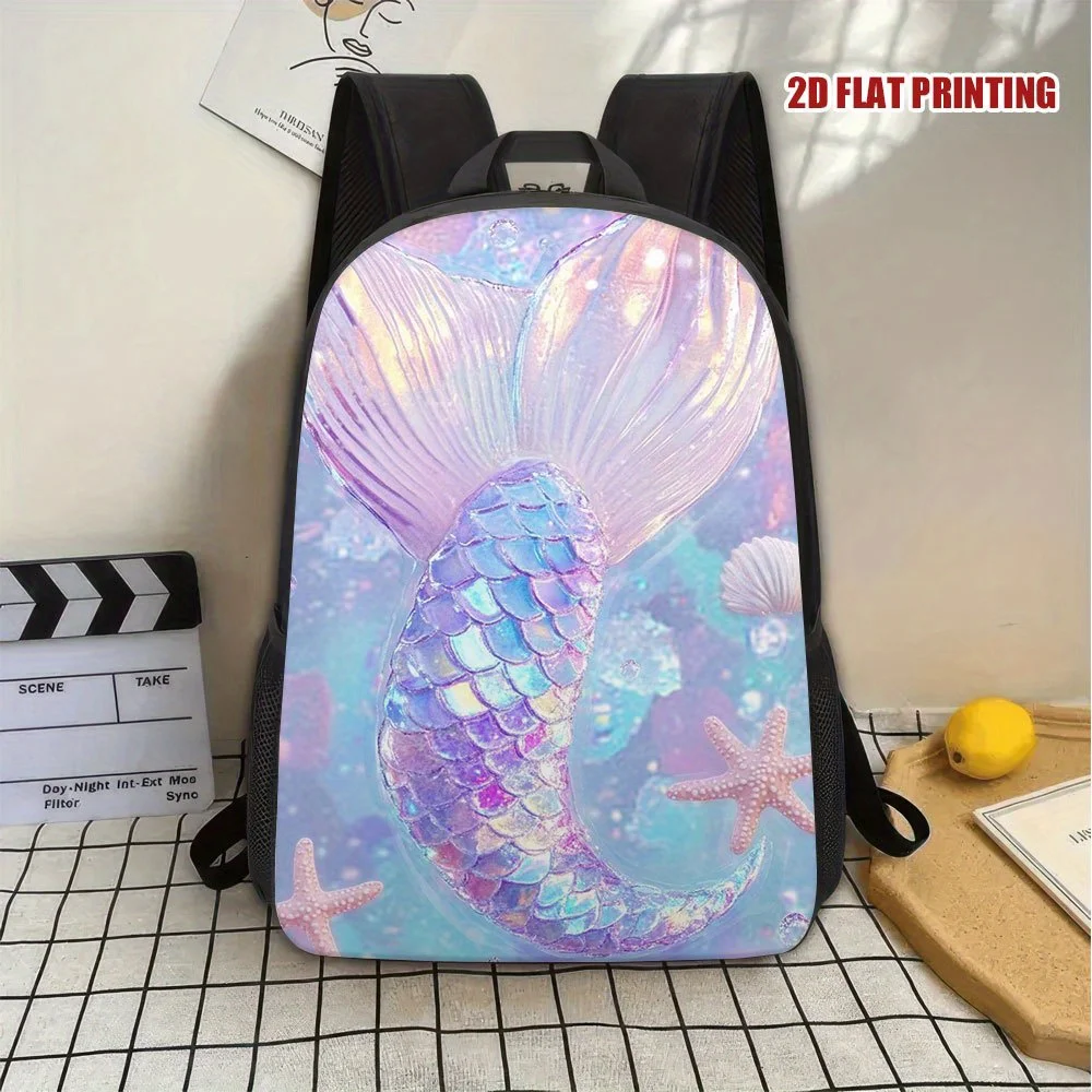 1 pc of fashion dream mermaid 2D flat print backpack - trendy lightweight polyester material, detachable shoulder strap design