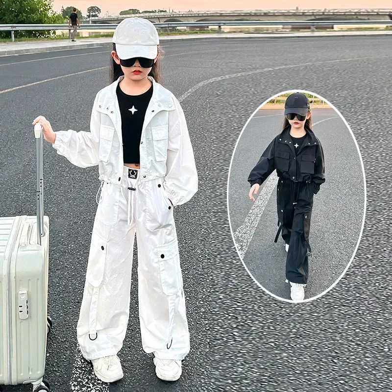 

Girls Jazz Dance Performance Suit Kids Hip Hop Stage Wear Kpop Fashion Clothes Black Coat Jacket White Pants Steetwear