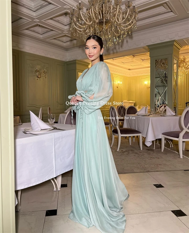 Qunque Long Sleeves Exposed Prom Dresses A-line Beadings Vestidos De Noche Customized Organza Mint Green V-neck Evening Dresses