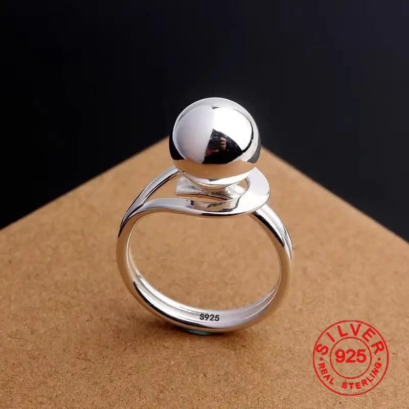 925 Sterling Silver Simple Ring For Women Fine Jewelry Finger Adjustable Open Vintage Big Ball Ring For Party Birthday Gift