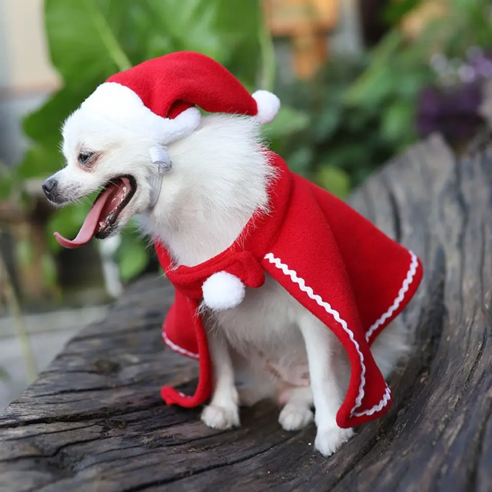 Christmas Cat Costume Soft Dog Christmas Cape Hat Adjustable Red Pet Xmas Hat Comfortable Christmas Pet Cloak for New Year