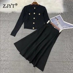 ZJYT Autumn Winter Buttons Cardigan Knitted Sweater Skirt Sets 2 Piece Womens Outfits Long Sleeve Vintage Dress Set Black Suits