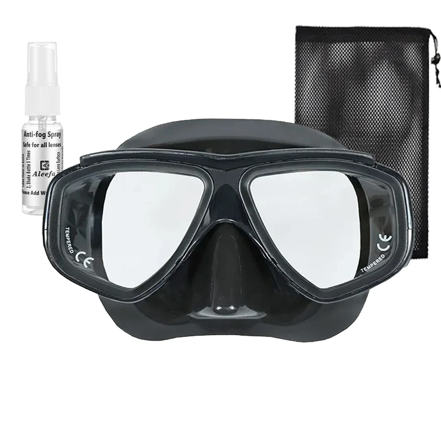 

Маска для подводного плавания по рецепту для взрослых, близорукость с закаленным стеклом, противотуманный спрей, силиконовая юбка, прозрачный черный