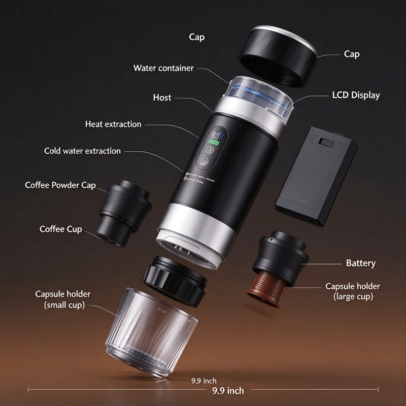 Portable Coffee Machine Compact Cordless Electric 19Bar Pressure Compatible with Ground Coffee Pod for Car Trip Hiking Travel
