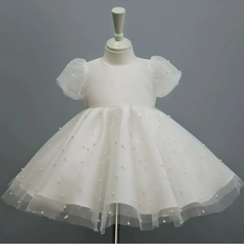 Girl's Spring, Summer, Autumn-Year-Old Wedding Dress Flower Girl's Western Style Birthday White Puff Sleeve Dress Princess D