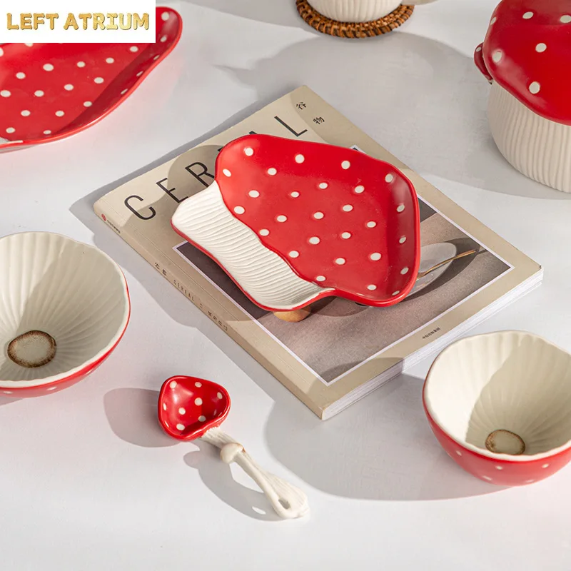 Chic Mushroom Ceramic Tableware Sets Contrast Red Color Dot Rice Bowls Salad Plates Dessert Dishes 1.2L Noodle Bowls Dinnerwares view 3