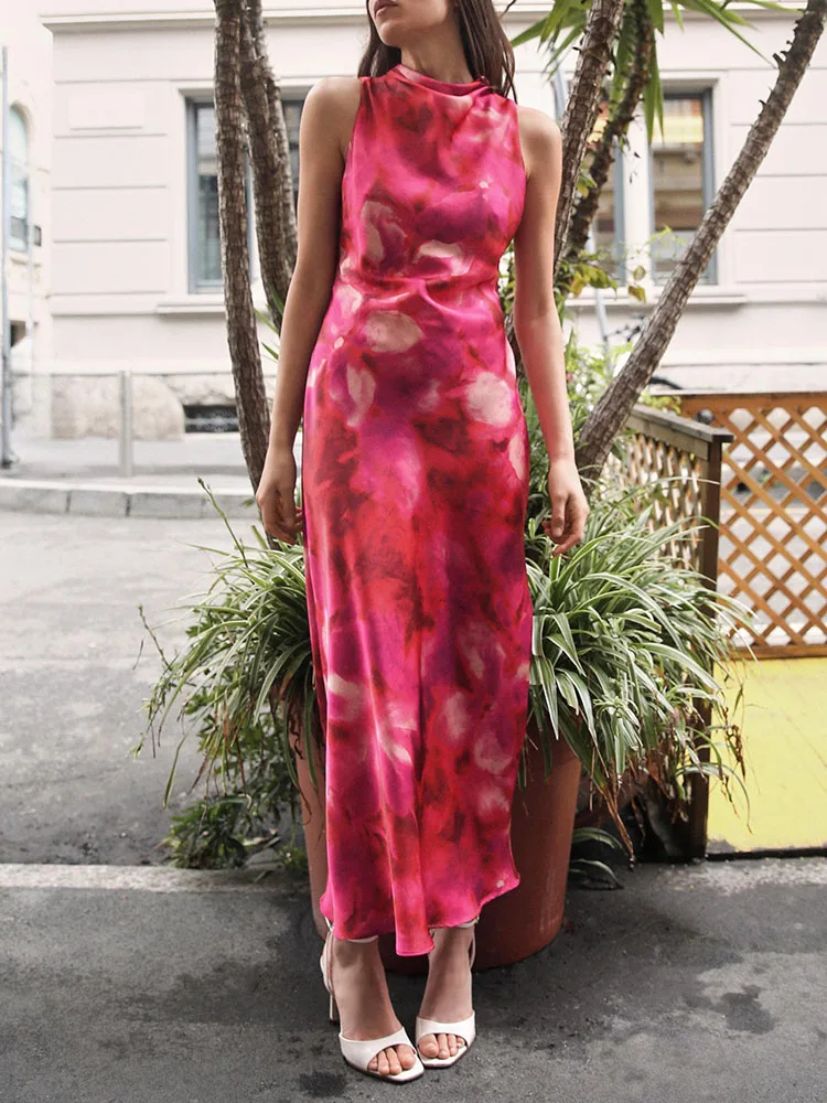 Estate nuovo arrivo donna Ele raso di seta stampa Svel Midi Dr gonna lunga a vita alta abito europeo Sle rotondo Ne