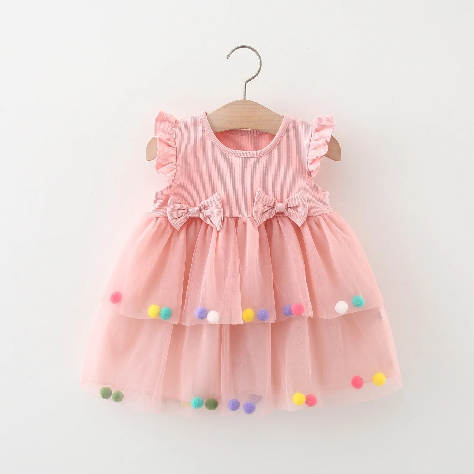 Summer new children's clothing two bows splicing mesh ball girls dress new fashion casual baby sweet