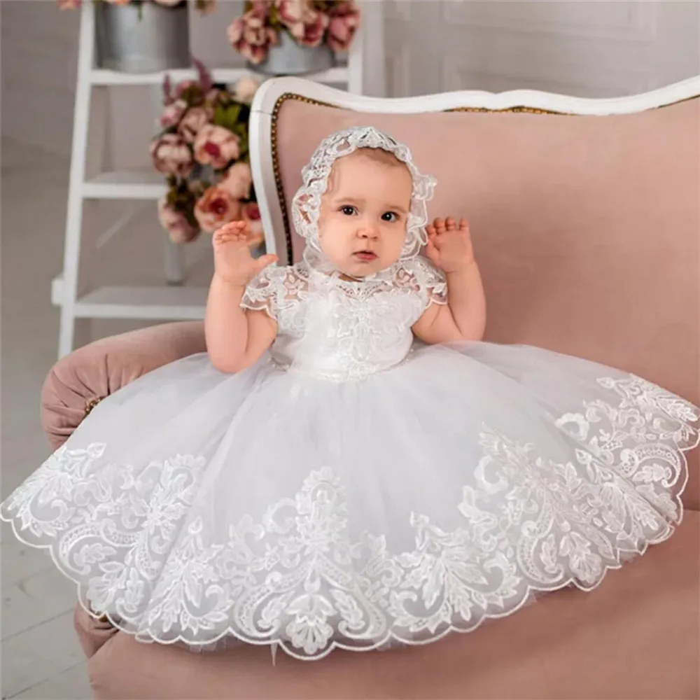 Christening Gowns For Baby Lace Appliqued Full Sleeves First Communion Dresses Infant Toddler Girls Baptism Dresses