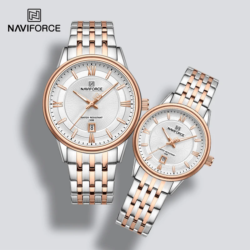 NAVIFORCE-Reloj de pulsera sencillo para pareja, cronógrafo de cuarzo con correa de acero inoxidable, resistente al agua, luminoso, calendario