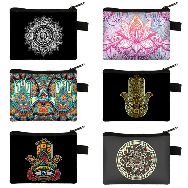 Hamasa Hand of Fatima Print Coin Purse Lucky Hamsa Coin Bag Mandala Flower Earphone ID Credit Card Key Holder Small Wallet Gift