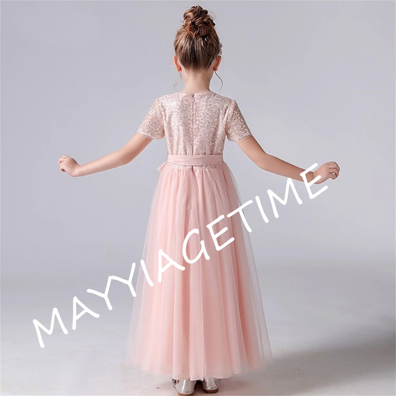 

Long Sequined Flower Girl Dress Tulle Short Sleeves Evening Party Dresses Junior Bridesmaid Girls Birthday Gowns