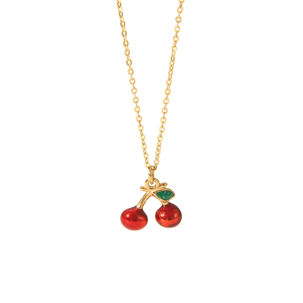 Cute Stainless Steel Metal Chic Cherry Stud Earrings Colorful Elephant Good Luck Pendant Water Resistant Necklace for Girls Gift