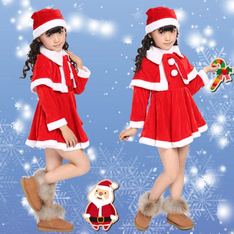 Costumi di natale bambini vestono ragazzi ragazze che eseguono vestiti Set vestiti di babbo natale cappello + mantello + gonna vestito o cappello +