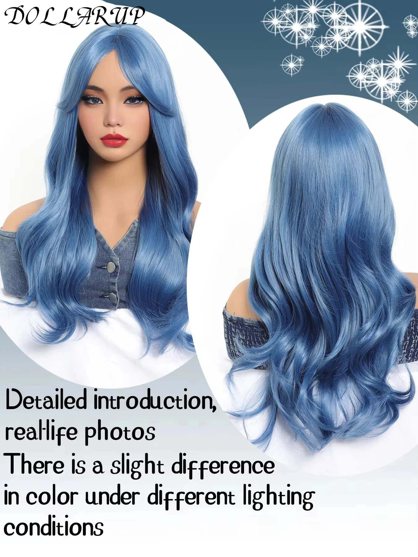 JKL 22Inch Sea Blue Color Synthetic Wigs Middle Part Long Natural Wavy Hair Wig For Women Cosplay Drag Queen Party Heat Resistan