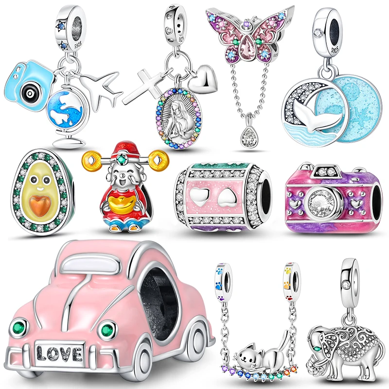 Plata De Ley 925 Silver Pink Car Cat Swing Purple Camera Charms Beads Womens Original Bracelets DIY Jewelry Pendant Fine Gifts