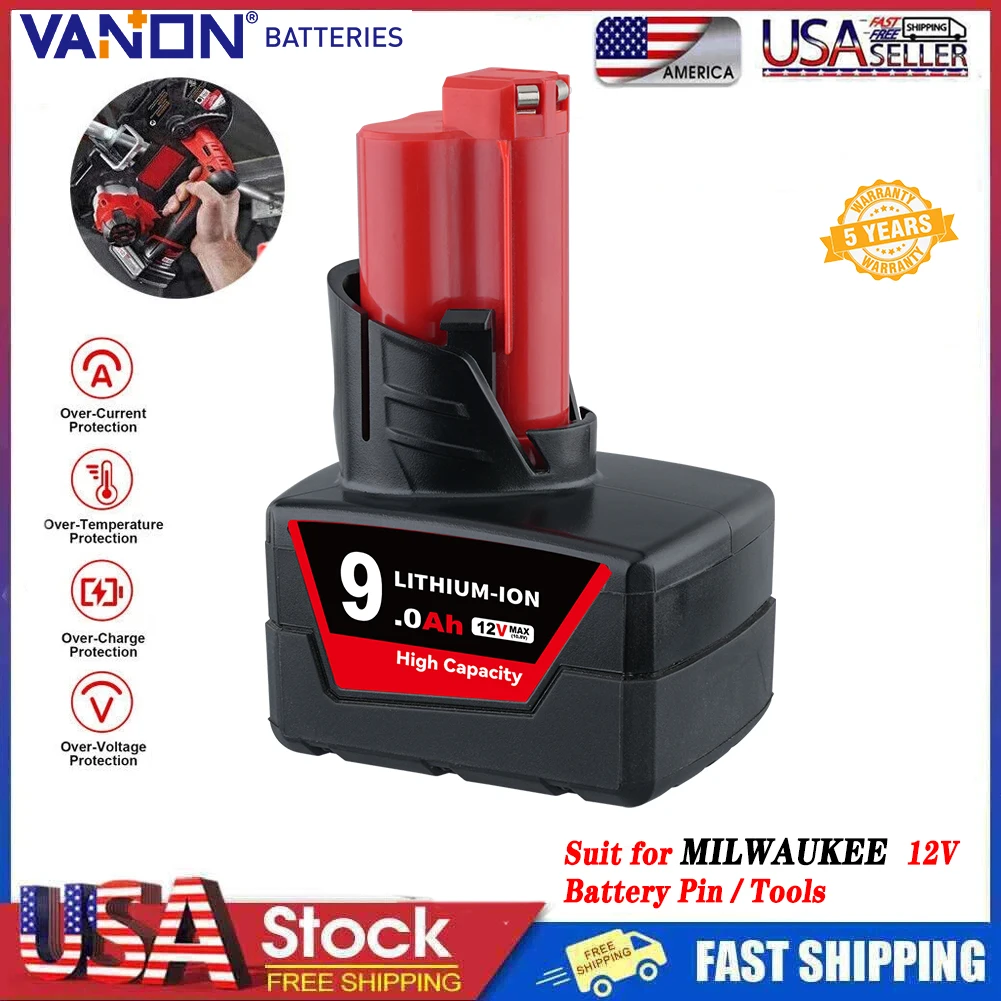 

VANON 9.0Ah M12 Li-on Replace Battery Pin Compatible with MilWaukee 12V Battery 48-11-2460 48-11-2412 and Cordless Power Tool