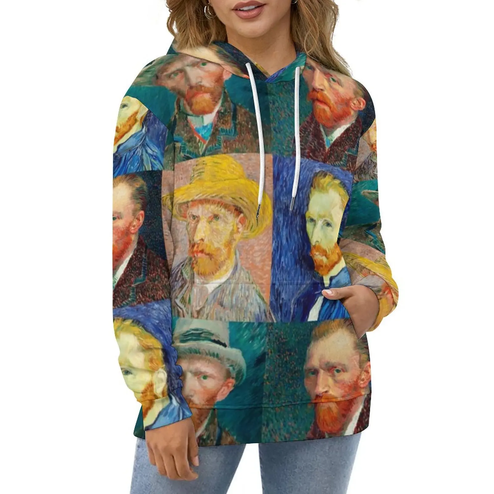 Van Gogh Hoodies Self-Portrait Collage Streetwear Casual Pullover Hoodie Long-Sleeve Y2k Graphic Sweatshirts Gift Idea