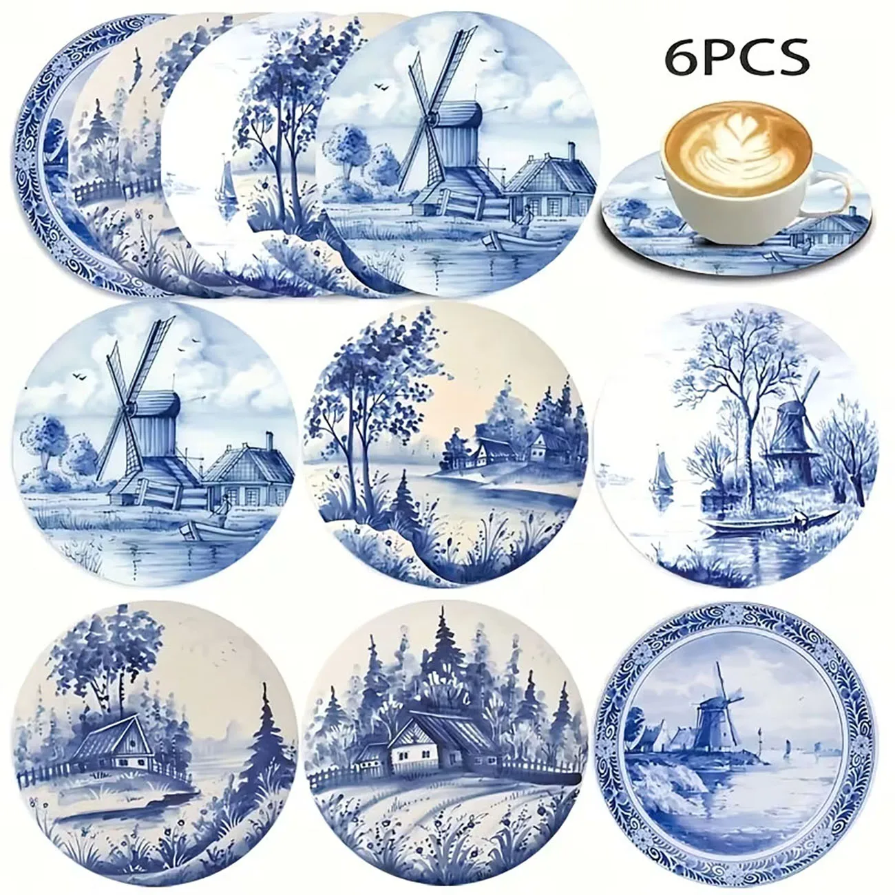 6Pcs Wooden Round Heat Insulation Coasters Dutch Windmill Blue White Pattern Table Decor
