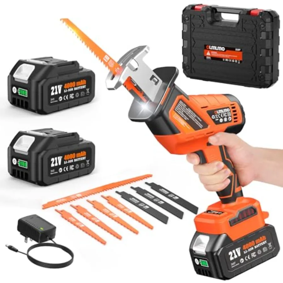 

Cordless Reciprocating Saw With 8 Blades 2×4000mAh Batteries Brushless Motor Variable Speed 0‑3200 SPM Tool‑Free Blade Change P