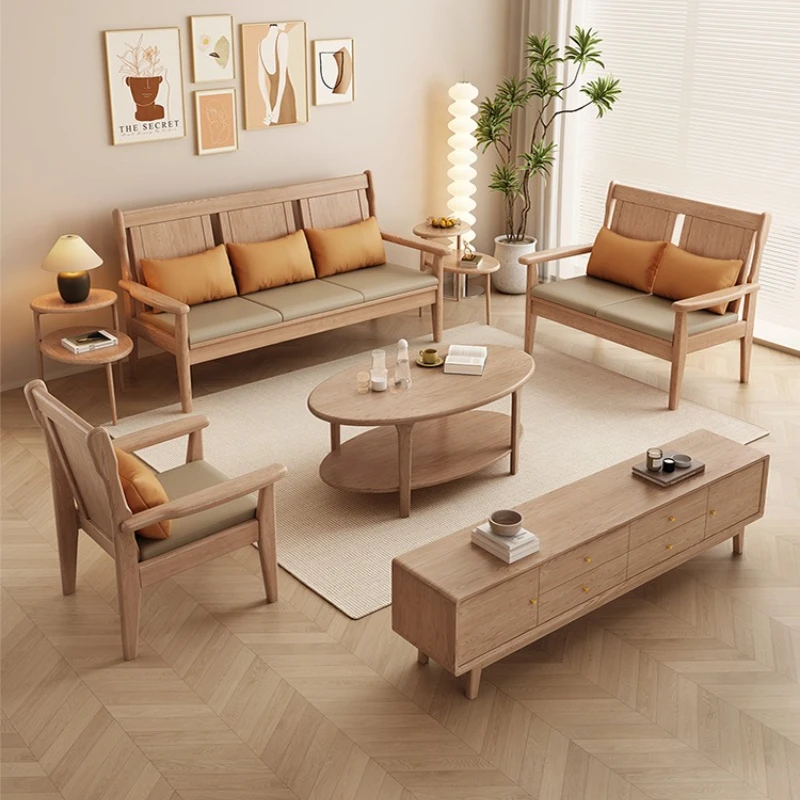 

All solid wood sofa combination living room small apartment simple modern homestay log wind wooden sofa