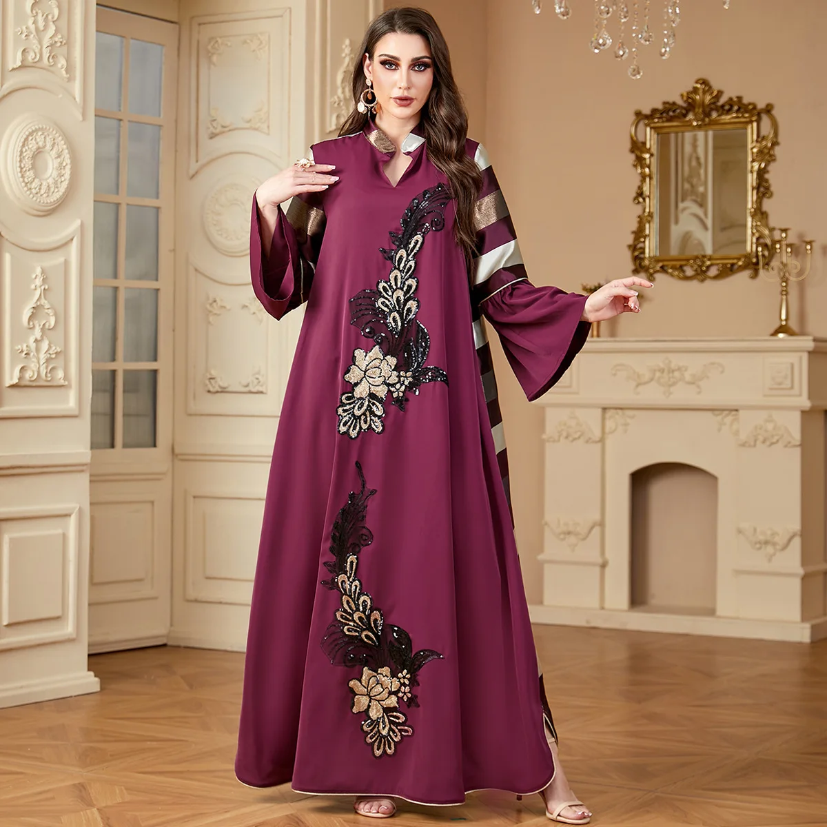 Robe musulmane brodée à rayures à paillettes pour femmes, Djellaba, Turquie, Kaftan, Caftan, Marocain, Jalabiya, Islam Robe, Ramadan, Eid Abayas