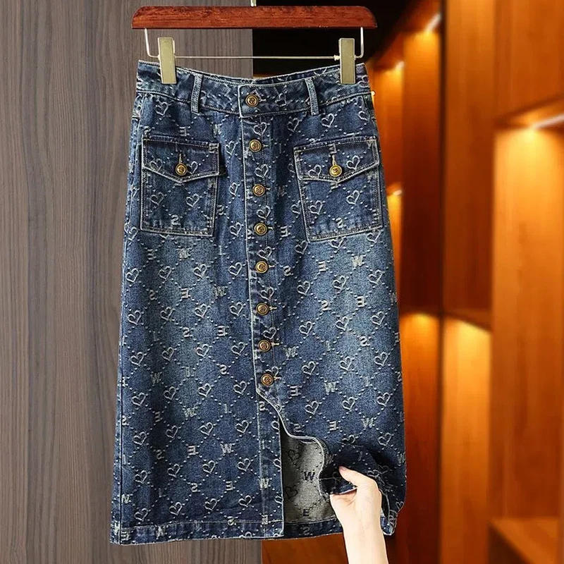 

High Waist Denim Half Skirt Women's Summer New Style Floral Embroidery Asymmetrical Hemline Bodycon Skirt Fashionable Design