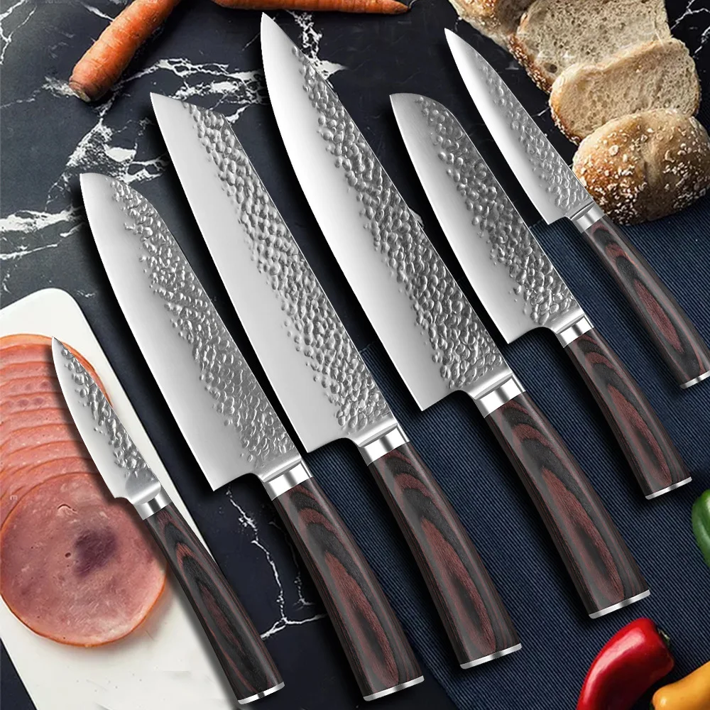 

TJ POP Kitchen Knives Japanese Chef Knife Set Stainless Steel Full Tang Hammered Forged Paring Utility Kiritsuke Santoku Knifes