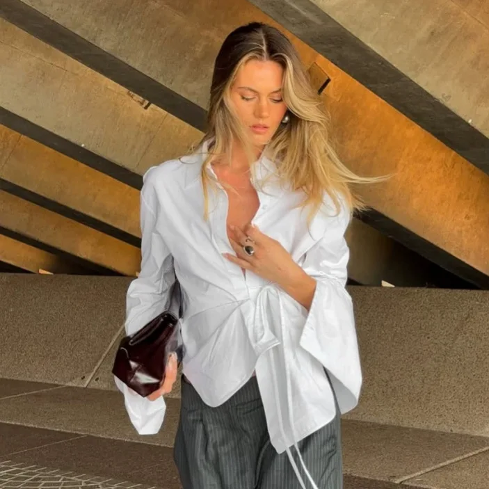French Casual White Shirt Asymmetric Lapel Collar Front Drawstring Tie Waist Long Sleeve Slim Women Cropped Blouse 260702