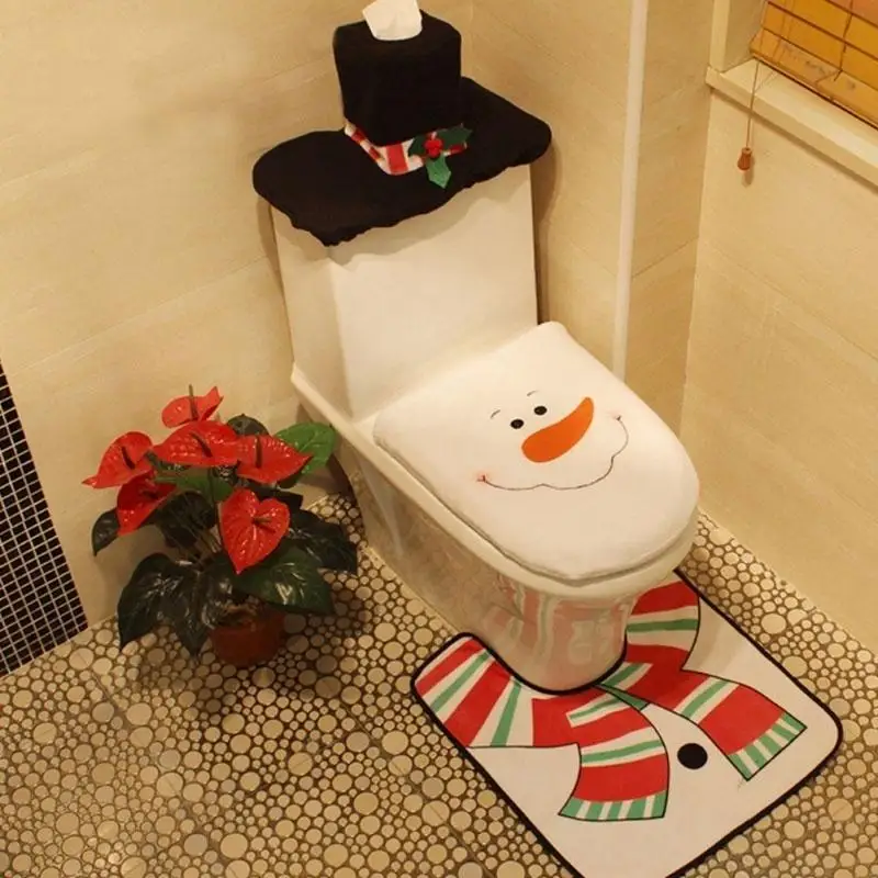 3Pcs Xmas Bathroom Mat Set Christmas Toilet Seat Cover Rug Santa Snowman Holiday Toilet Decor Home Party Decoration Supplies