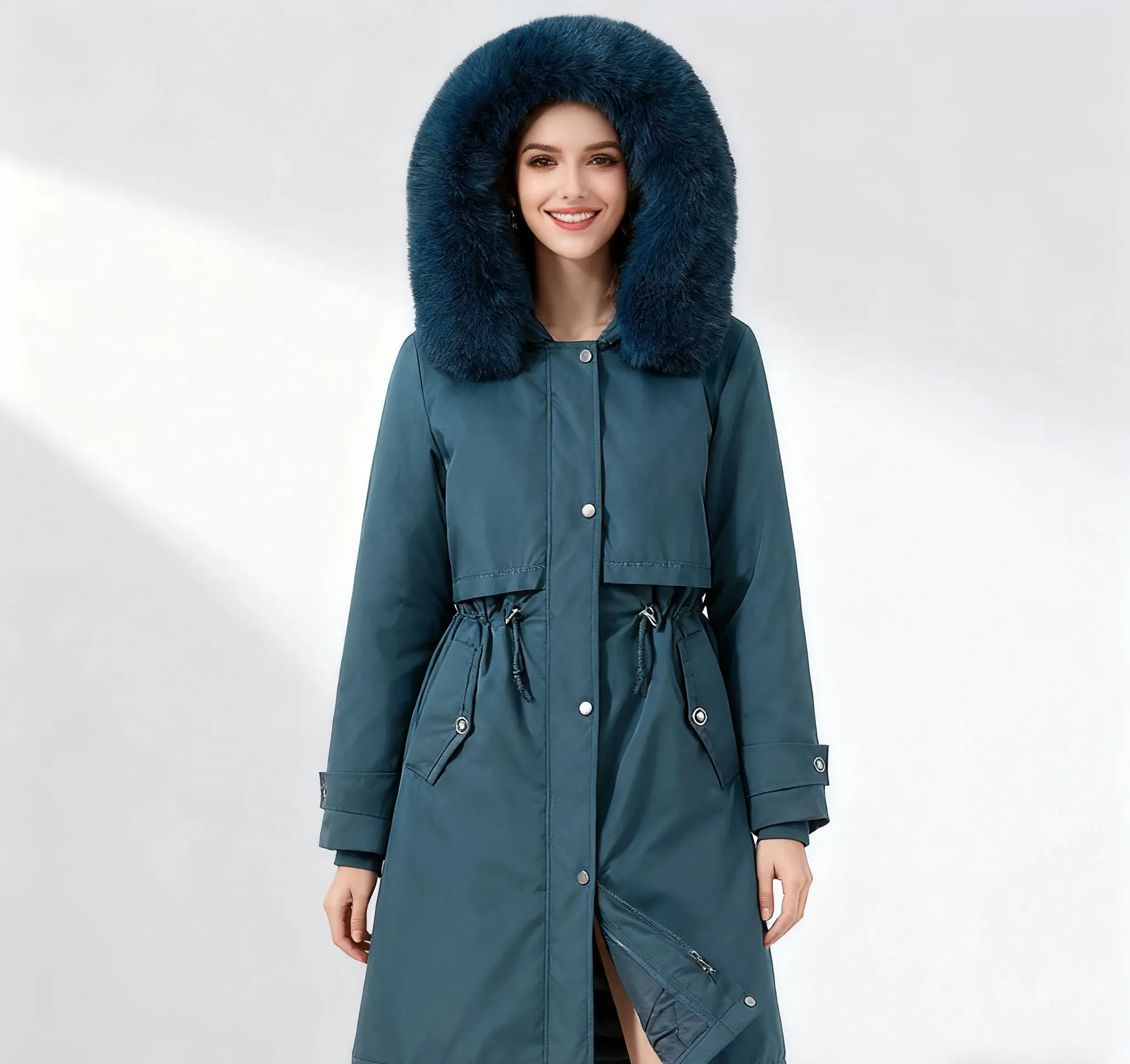 

Parkas White Womens Fall Waisted Fox Detachable-Sleeve High-Grade Puffy Slim-Fitting Silky Zipped Splice Leisure Durable Padded