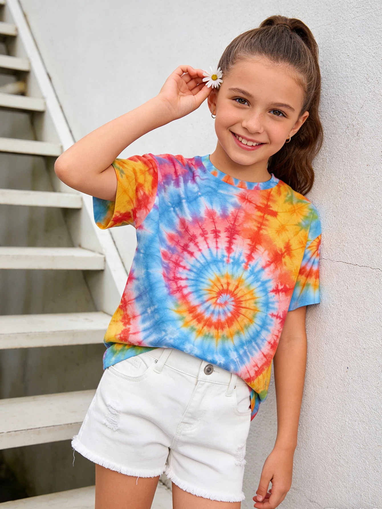 

2026 girls red blue yellow gradual change rainbow spiral tie-dye short sleeve T-shirt