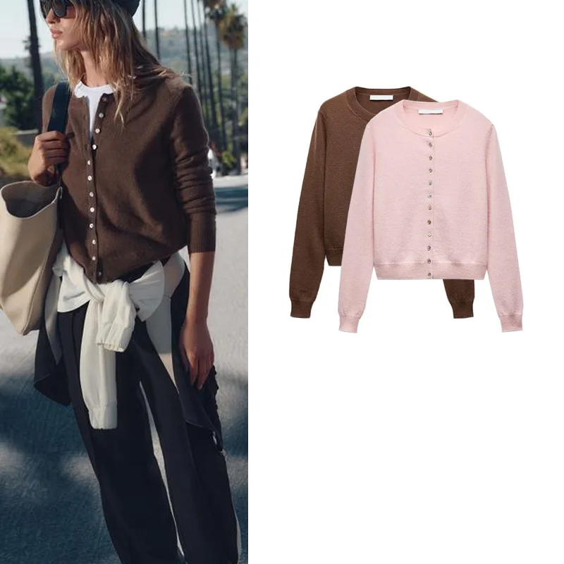 Wiosenna Nowość Damska Moda Prosty Luźny Wygodny Okrągły Dekolt Dzianinowy Długi Płaszcz z Dzianiny z Włókna Poliestrowego o Regularnej Długości