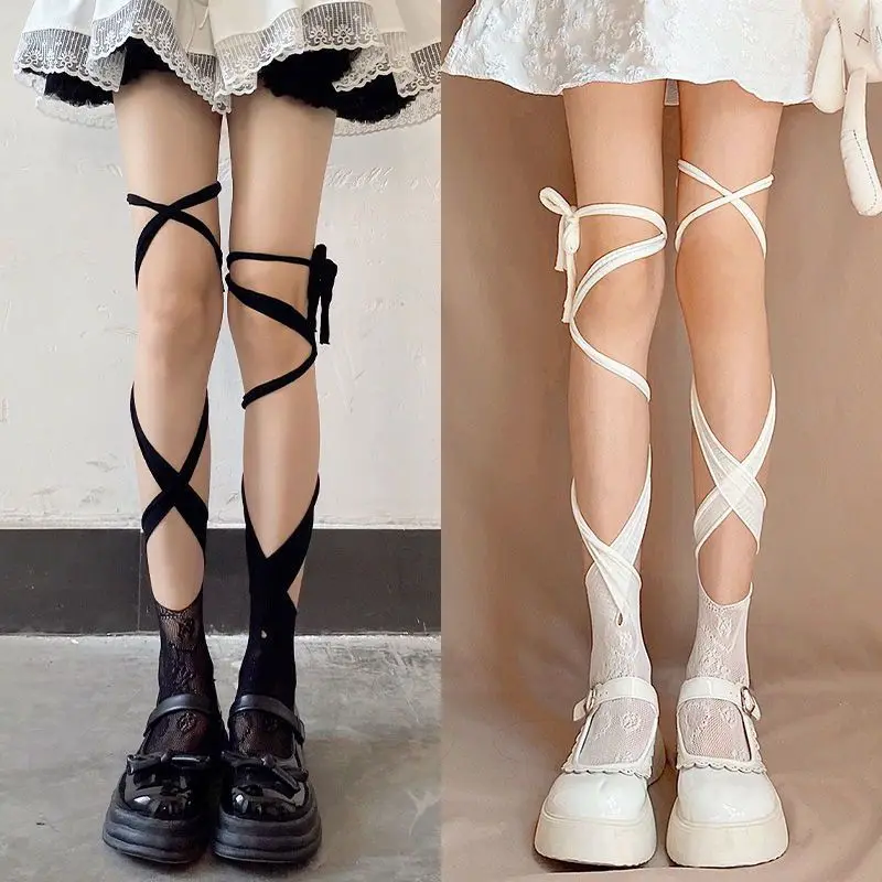 Japanese Korean Girls Lace Cross Straps Tie Leg Socks Jk Sexy Stockings Socks Thin Women's Middle Tube Socks Party Stocking