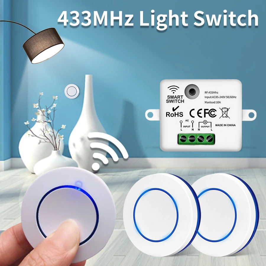Bezprzewodowy włącznik światła RF 433MHz 220V 110V 10A Odbiornik przekaźnika Mini okrągły przycisk Przełącznik panelu ściennego Zdalne sterowanie do lampy LED