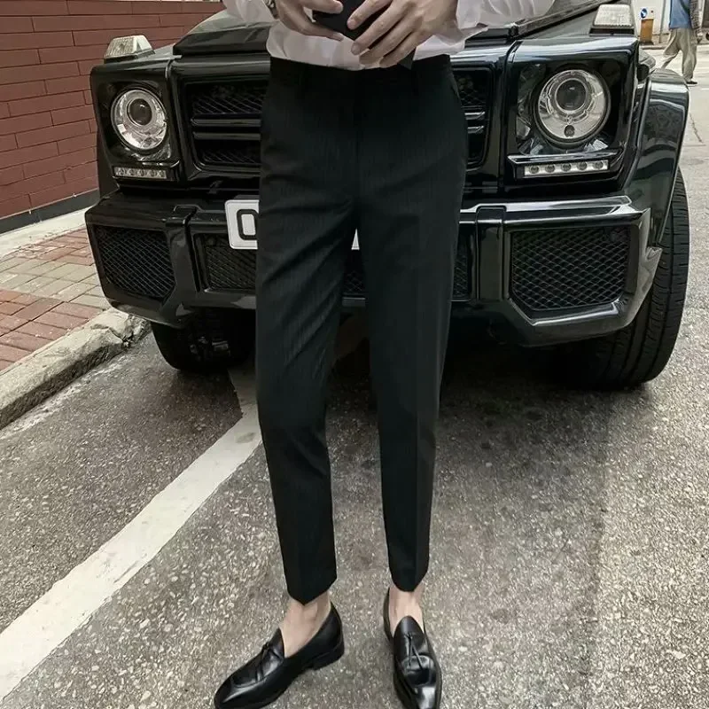 

Мужские брюки с высокой талией, обычные брюки, длинные брюки, прямые брюки с карманами, облегающие полосатые повседневные брюки, осень-зима, новинка 2023 года