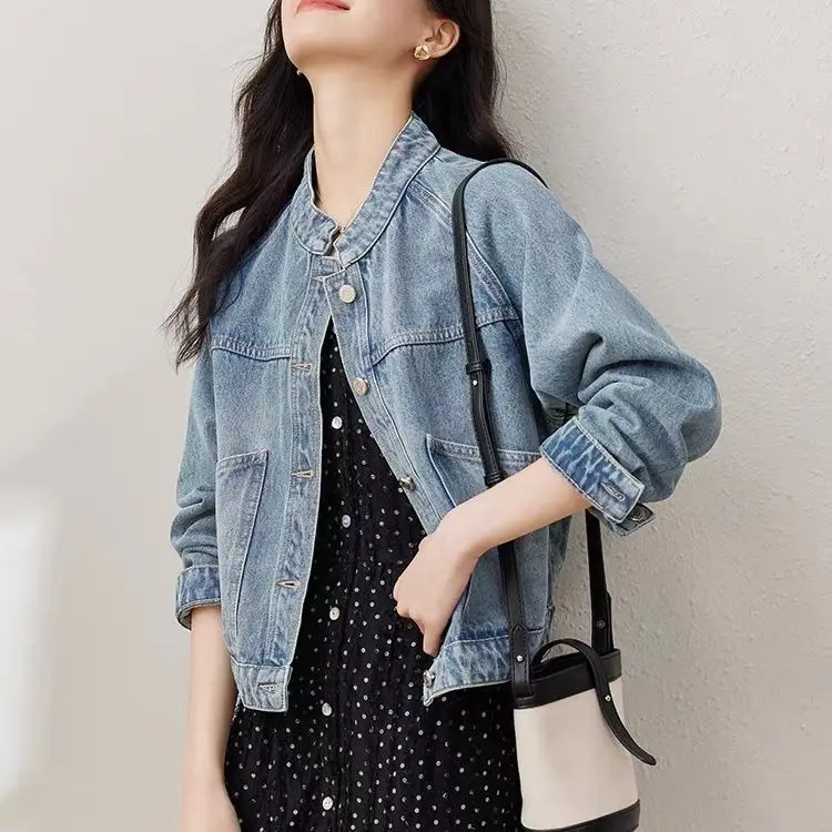 Retro Washed Denim Short Jacket for Women, Long-Sleeved Top, Stand-up Collar, Small, Autumn and Winter Clothes, New