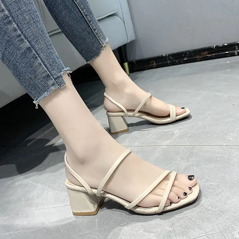 2024 Women High Heel Sandals Summer Casual Female Shoes Woman Square Heel Open Toe Ladies Sandalias Slipper Shoe New