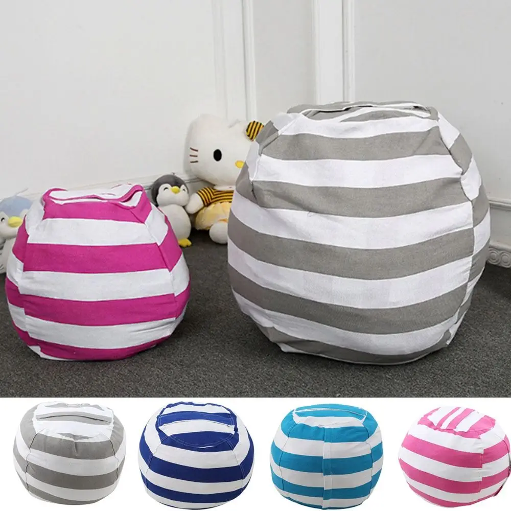 Stuffable Animal Toys Storage Bean Bag Large Capacity Stripe Round Storage Bags Kids Plush Toy Organizer