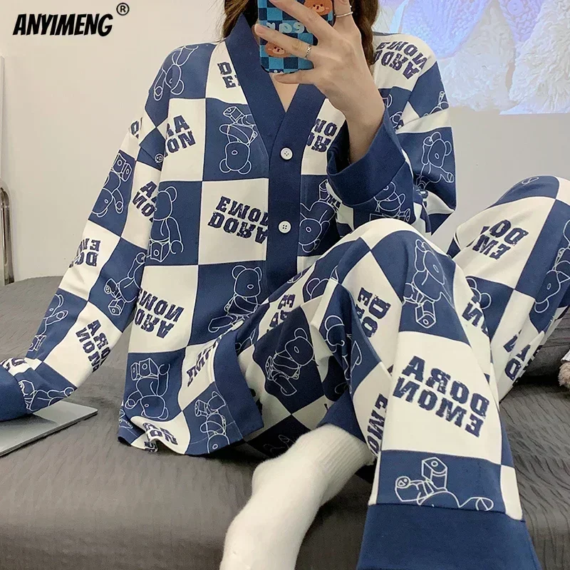 Autumn Winter New Womens Pajamas Sets Korean Chic Girls Pijamas Kimono Lapel Casual Loungewear Long Sleeves Faux Cotton Pajama image 5