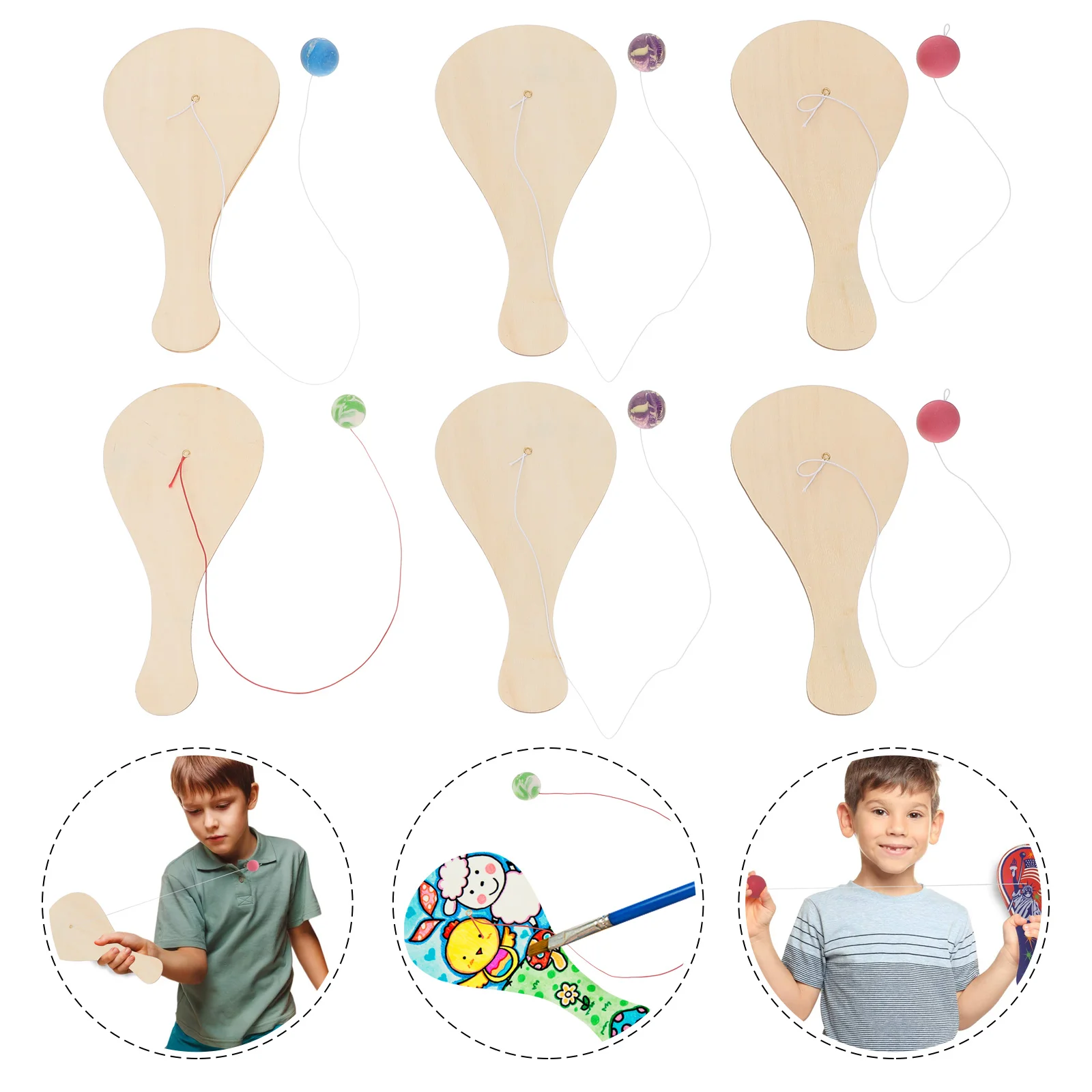 6-teiliges weißes Holzschläger für Kinder, DIY-Spielzeug, Paddelball, kreatives Handwerk, Gummi-Tennisbälle, Spiel, pädagogisch, für Kinder, Sport, Outdoor