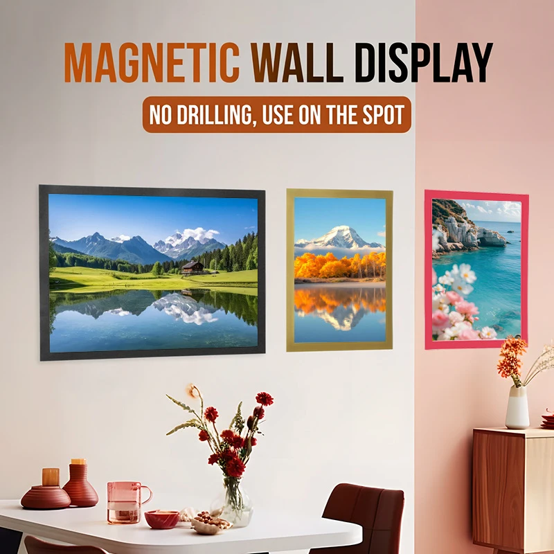 6pcs Rectangular Magnetic Photo Frame A4/A3 Gold Silvery Black Self Adhesive No Punch Display Frame Reusable Wall Poster Frame
