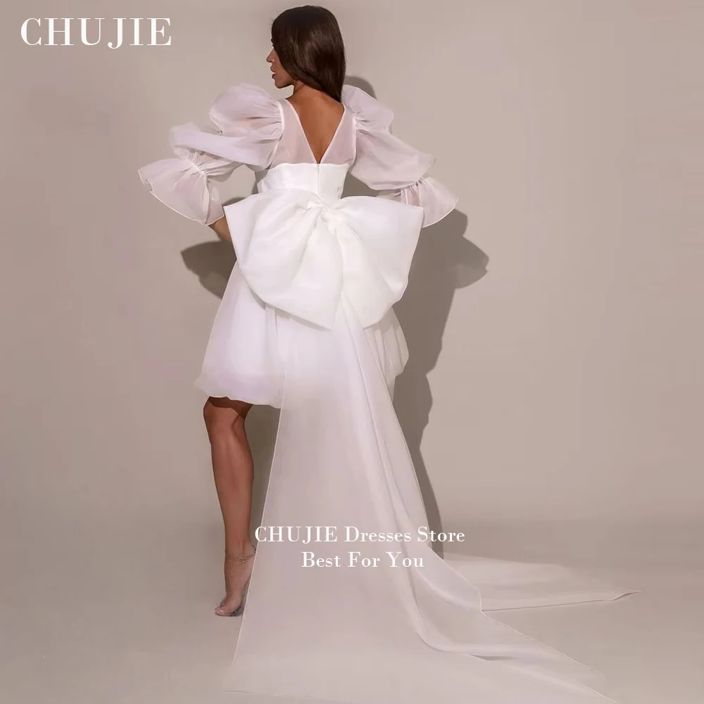 Customized White Short Wedding Dresses Dubai Organza Prom Dress With Bow Full Puffy Sleeves Evening Gowns Moroccan Party Dress