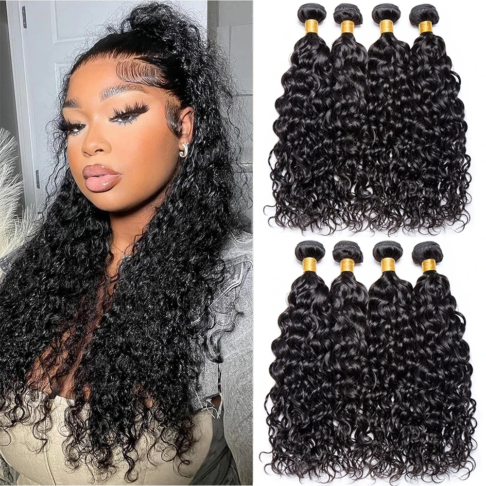 

Natural Black Water Wave Human Hair Bundles 1/3/4 Deep Wave Brazilian Hair Extensions Weave Hair for Wig/Women's Hair Accessorie
